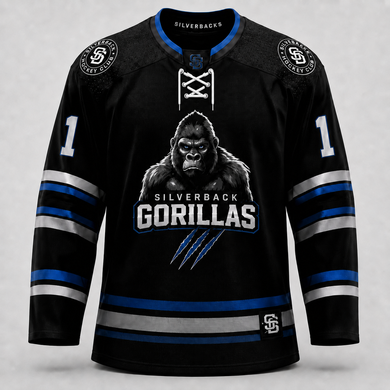 Official Silverbacks Ice Hockey Club black home jersey with number 1.