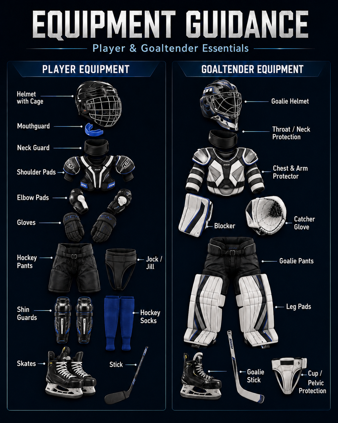 Silverbacks ice hockey player and goaltender equipment guidance chart.
