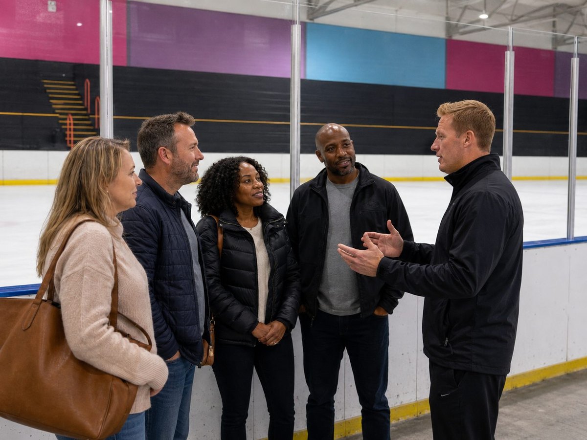 Parents and adults in a welcoming rink-side conversation with a Silverbacks coach or representative.