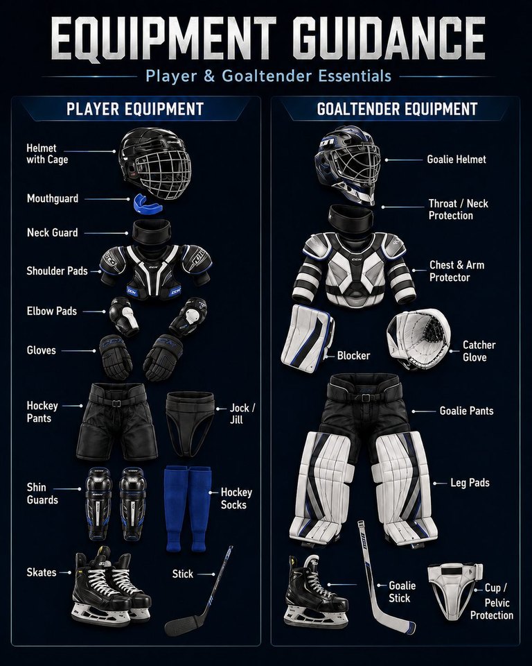 Silverbacks ice hockey player and goaltender equipment guidance chart.