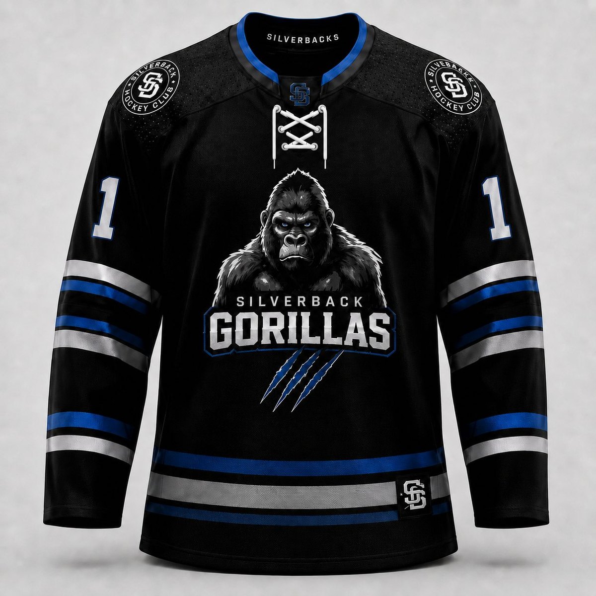Official Silverbacks Ice Hockey Club black home jersey with number 1.