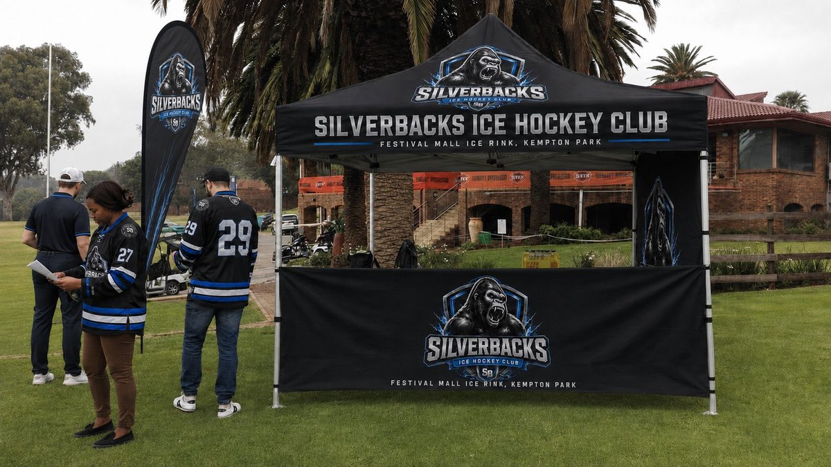 Silverbacks Ice Hockey Club branded sponsor event gazebo and community activation display.