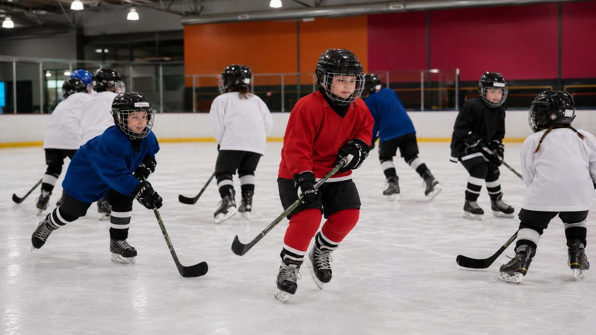 Young ice hockey players training at Festival Mall Ice Rink.